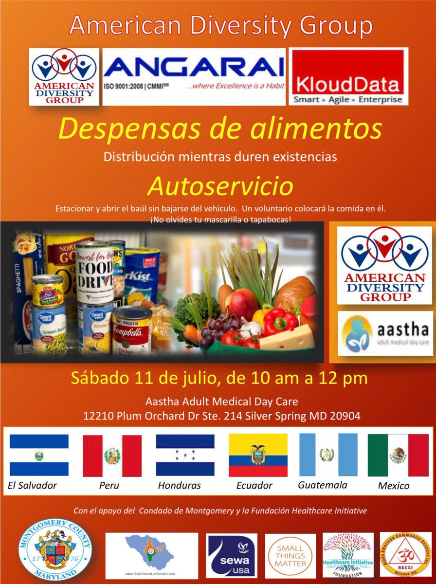 Junto a nuestros socios  latinoamericanos, realizaremos una entrega de alimentos el próximo 11 de julio a aquellas personas en el área de Maryland que han sido afectados por la pandemia. 
⏰: 10:00 am - 12:00 pm
📍: Aastha Adult Medical Day Care 
🚙: Autoservicio

¡Los esperamos!