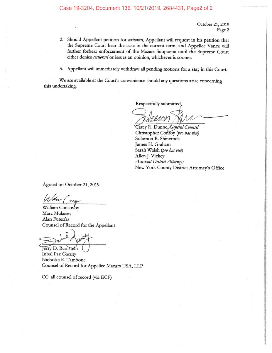 6. the injunction (Trump lost on that in SCOTUS) and with the voluntary stay having terminated (see letter) there really isn't much that a normal litigant could do in a NY state grand jury at this point.  @DB and  @MazarsGroup should be looking at contempt sanctions in state court