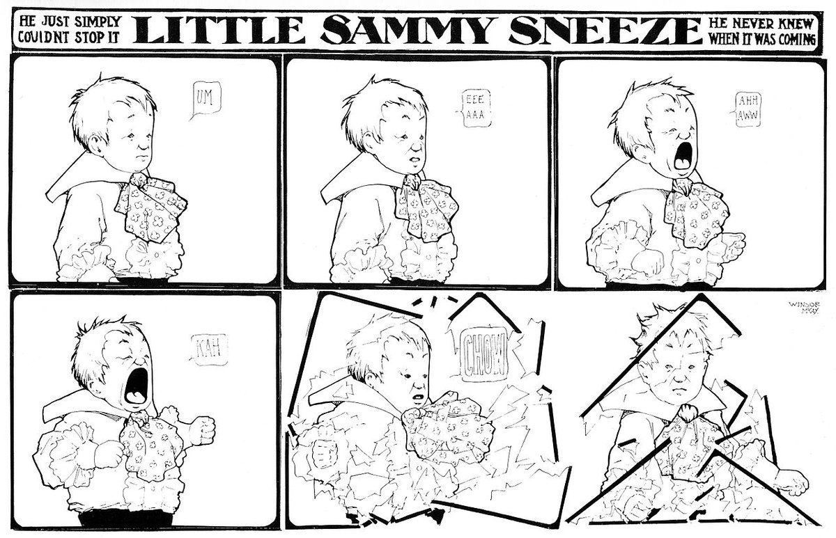 Little Sammy Sneeze was already showing McCay's talent for bringing the ideas of Modernism into cartoons. Sammy often ended up breaking the fourth wall or crashing through the panel borders.