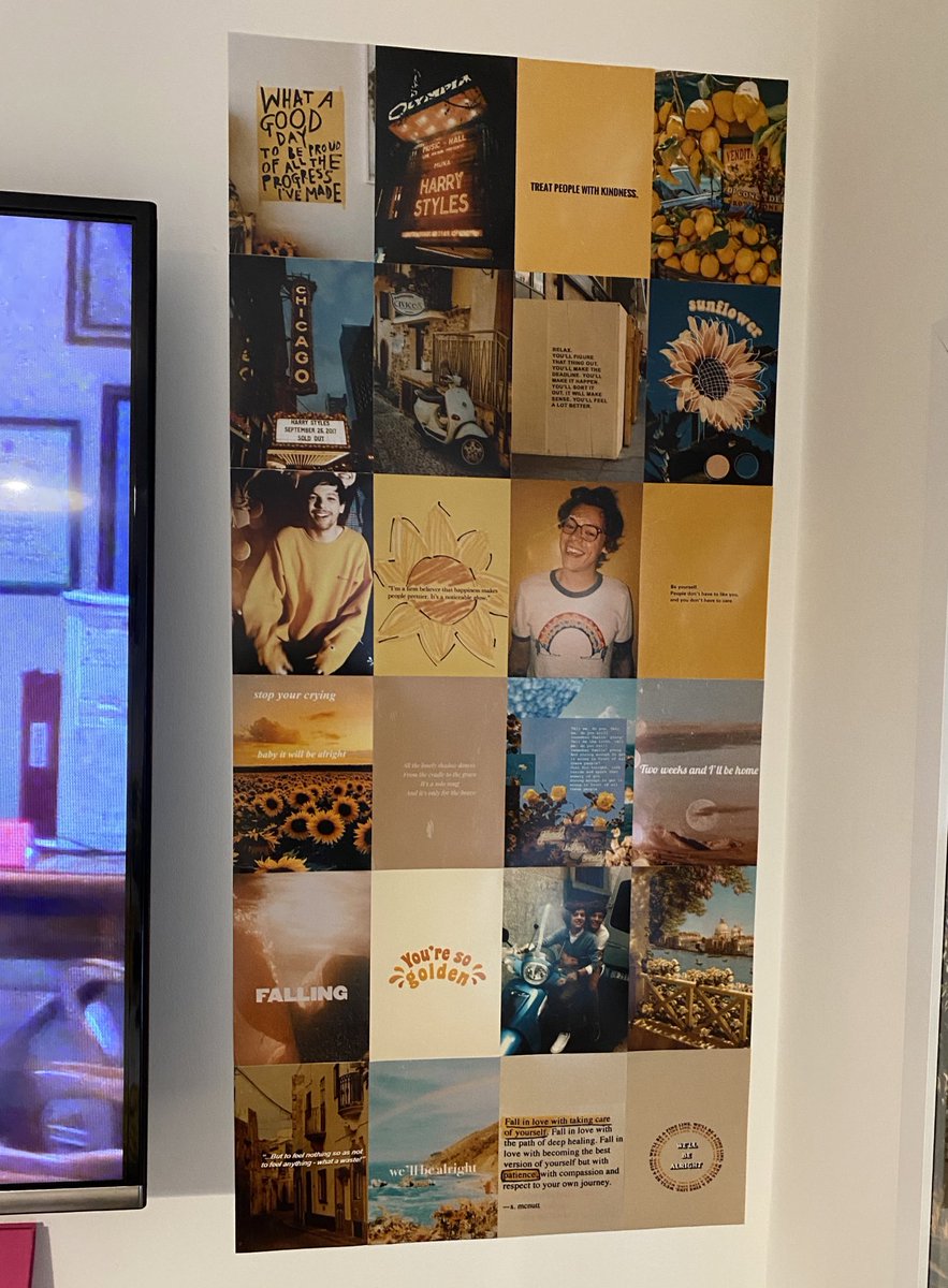 these sunflower stickers I had made are around the bottom of every wall, I wanted them there so it appeared like they were “growing” out of the ground, next we have my positive photo collage, I’ll link my pinterest in the final tweet if anyone wants to recreate it!