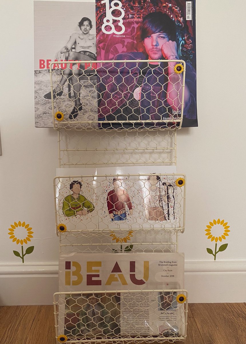 and then we have my second magazine rack because I have no self control when it comes to magazines, I couldn’t find a poster that I liked and matched my room so I had this one made (ignore the reflections) and I also bought these sunflower coat hooks for my door