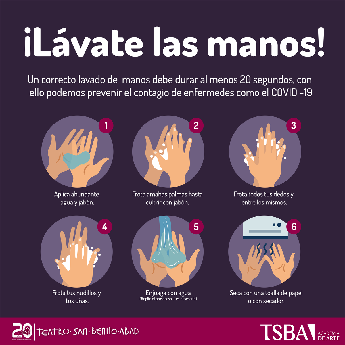 TSBAoficial's tweet photo. Un correcto lavado de manos debe durar al menos 20 segundos, con ello ayudamos a prevenir el contagio de enfermedades como el #COVID19.
Tomemos en cuenta las medidas de prevención #PorEstarJuntosPronto. https://t.co/Hsio95xncs