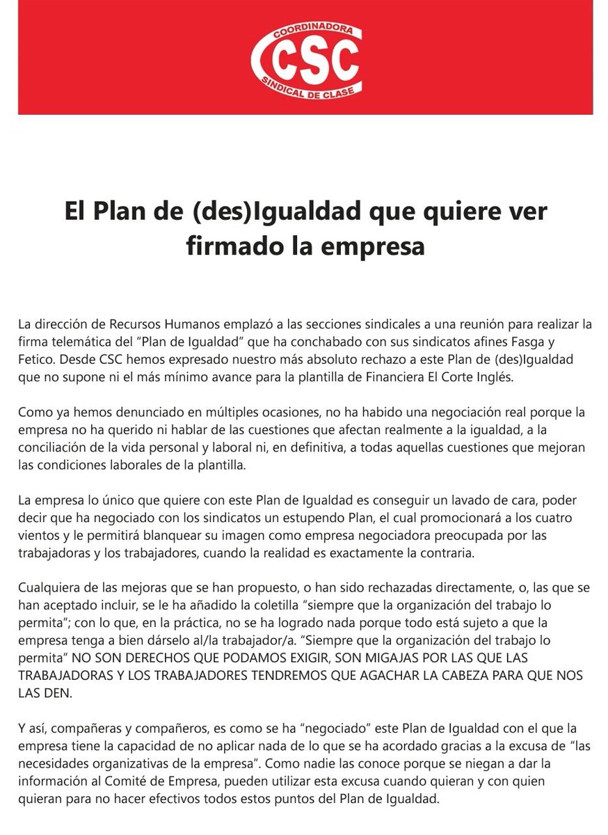 CSC_FECI's tweet photo. EL PLAN DE (DES)IGUALDAD QUE QUIERE VER FIRMADO LA EMPRESA.
La dirección de RRHH emplazó a las secciones sindicales a una reunión para realizar la firma telemática del  “Plan de Igualdad” que ha conchabado con sus sindicatos afines Fasga y Fetico. https://t.co/zmJXlNpaGF