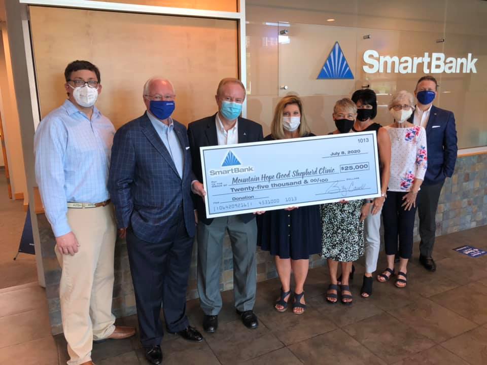 Proud to support Mountain Hope Good Shepherd Clinic! Earlier this week bank executives Bill Carroll, <a href="/wycarroll/">Billy Carroll</a> and Bobby Castle presented a $25,000 check to fund an expansion for this great community clinic in Sevier County, Tennessee. #SMBK #GivingBack