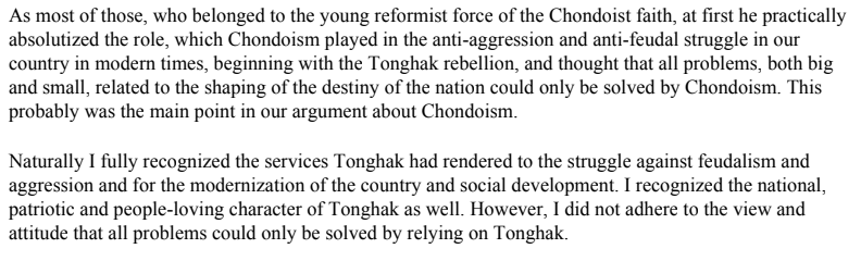 Comrade Kim Il Sung on the debates he had regarding Chondoism and his criticism that the movement at that time emphasized nothing more than total reliance on the faith.
