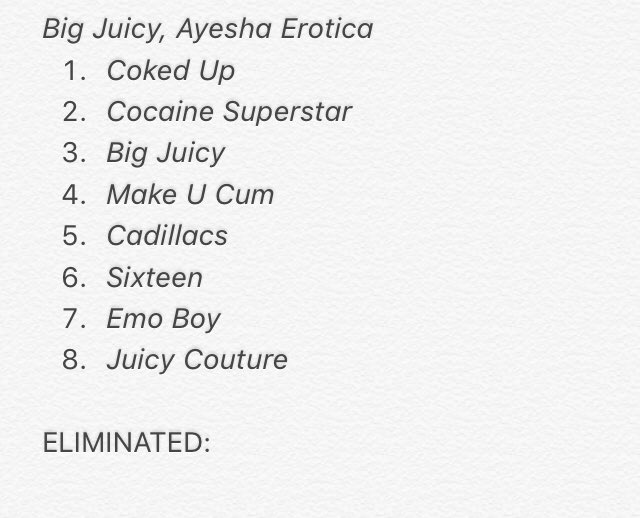myspacemadonna's tweet image. ⚠️ AYESHA EROTICA ELIMINATION GAME ⚠️

hello hot diva ladies... this is the official elimination game to find out THE best ayesha erotica song. starting off with her debut, &quot;big juicy&quot;

COMMENT TO VOTE WHICH SONG HAS TO GO! RETWEET PLEASE SO WE CAN GET AS MANY VOTES POSSIBLE!! 💞