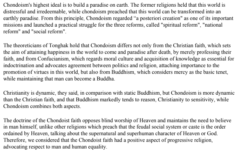 Comrade Kim Il Sung expanding on some of the relatively progressive ideas of Chondoism compared to some other religions.