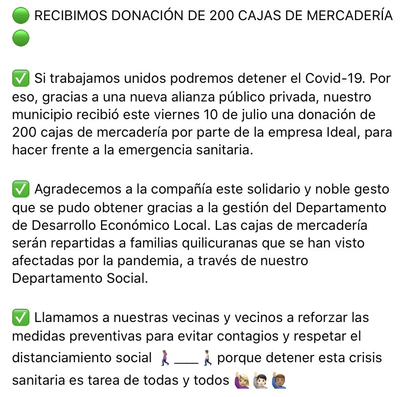 muniquilicura's tweet photo. 🟢 RECIBIMOS DONACIÓN DE 200 CAJAS DE MERCADERÍA 🟢

✅ Gracias a una nueva alianza público privada, nuestro municipio recibió este viernes 10 de julio una donación de 200 cajas de mercadería por parte de la empresa Ideal, para hacer frente a la emergencia sanitaria. https://t.co/wDe3ZSWYOB