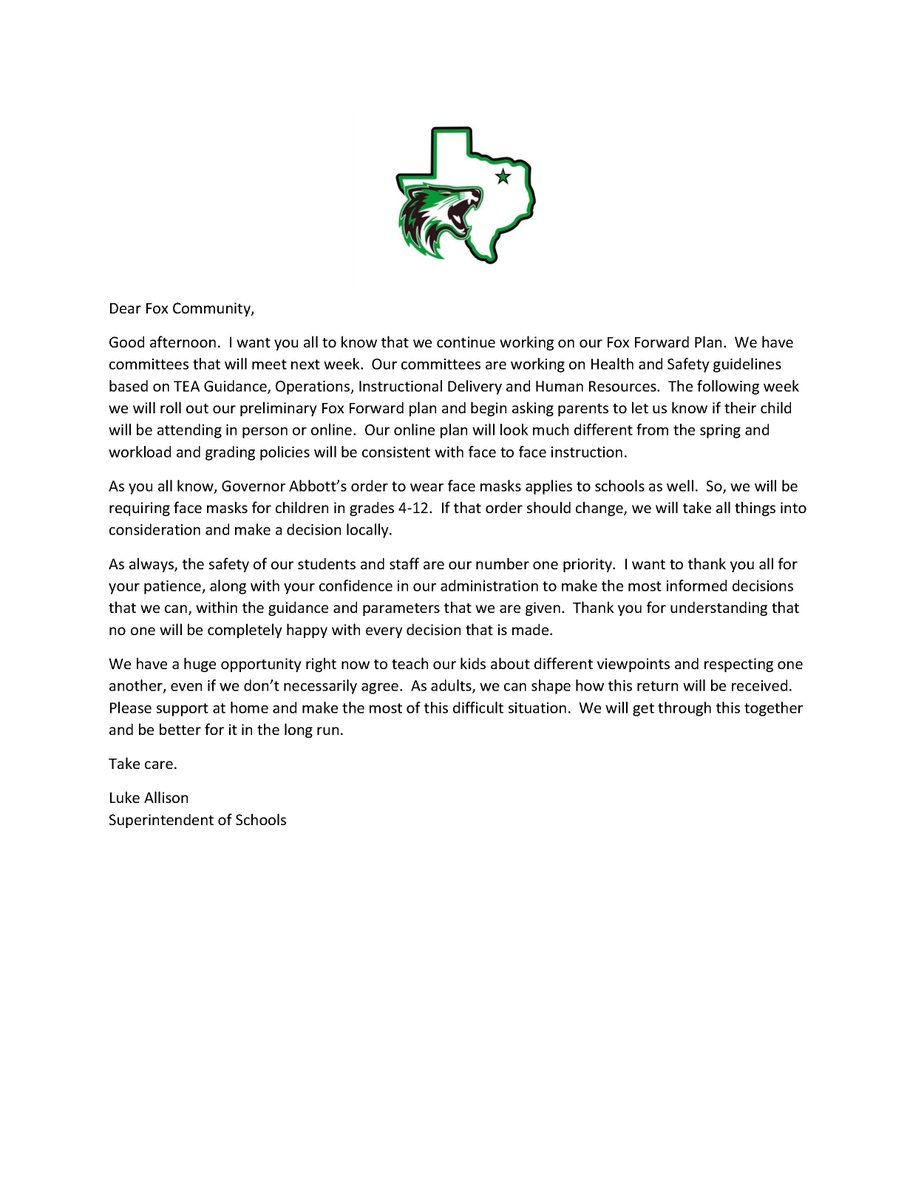 CaddoMillsISD's tweet photo. We are working hard on our #FoxForward plan based on guidance from TEA. Please take a moment and read the message from our superintendent.
https://t.co/E0LQfQrlzc https://t.co/9r2ZmQjquA