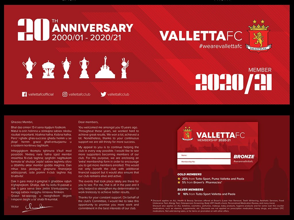 Vallettafcclub's tweet photo. ๐ข๐ข Now you can renew your Valletta FC membership for the new season as from tomorrow at Noel l-Amerikan, Republic Steeet Valletta.
Gold โฌ100, Silver โฌ50, Bronze โฌ25, Elderly & Female โฌ20 & Kids โฌ10.
Remember that being a Valletta FC Member
is #NotForEvery1 โช๏ธ๐ดโโ https://t.co/YOWBRDlmtE