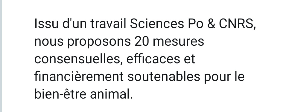Mon premier problèmes cest que vous nous dites donner 20 mesure consensuelles or, pour moi, elles ne sont consensuelles qu'entre les associations  #animalistes que vous avez contacté...C'est déjà excluant d'une partie de la pop française avant même que le projet ne commence 
