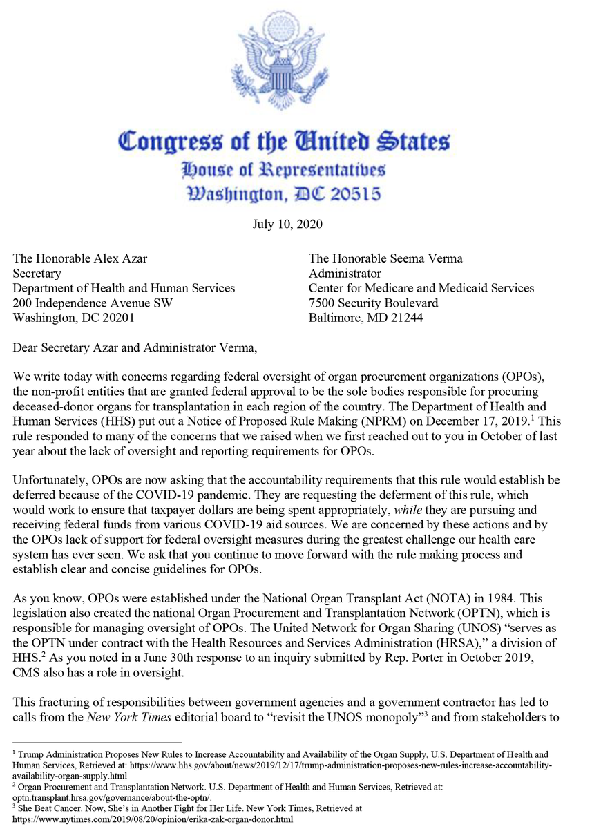 . @RepKarenBass and I refuse to stand idly by while Organ Procurement Organizations leave thousands of patients in limbo. We're demanding that  @HHSgov strengthen oversight of OPOs ASAP.The Americans waiting on the organ transplant list deserve better. (3/3)