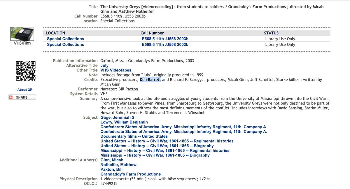 In 2003, he helped bankroll a film about the “University Greys,” the Confederate company consisting of University of Mississippi students.