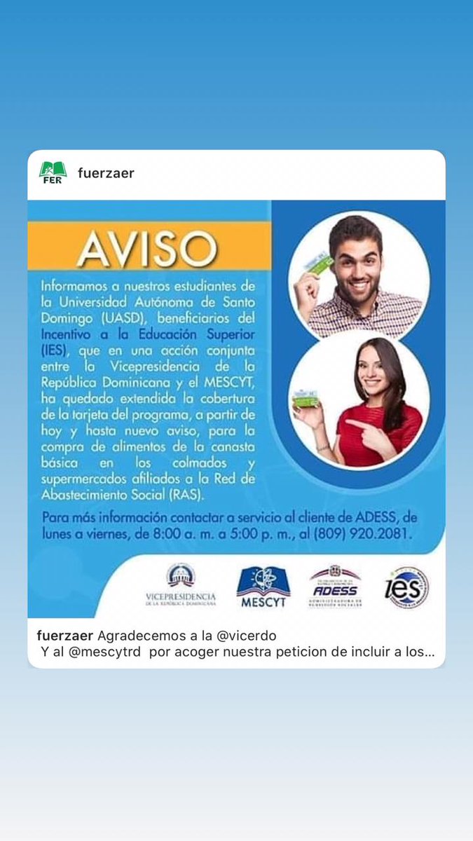 fuerzaER's tweet photo. Agradecemos a la @ViceRDo Y al @MESCYTRD  por acoger nuestra peticion de incluir a los estudiantes en el programas #QuedateEnCasa #FuerzaEstudiantilRenovadora #FER #uasd #uasdiano

https://t.co/MEgt7WJAR7 https://t.co/RRHr4nc0j5