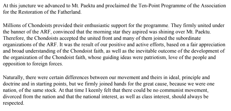Comrade Kim Il Sung on the millions of Chondoists joining the Association for the Restoration of the Fatherland to form a united front.