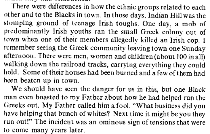 Harry's father sees the danger of the race riot in an incident between the Greeks and the Irish.