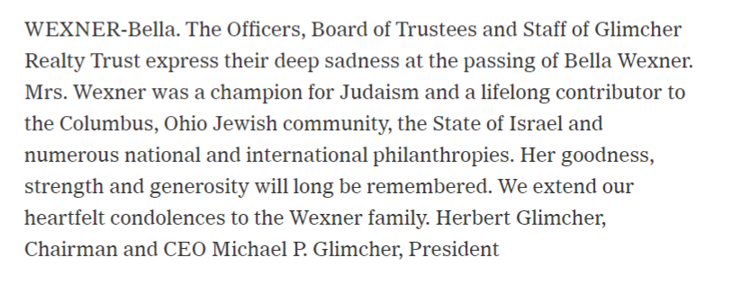 With Herb Glimcher being from Columbus, Ohio, Wexner's stomping grounds, I guess it's no surprise that the families are relatively close. Les is pretty nice to give Epstein power of attorney, control of all his money, free mansions, pilots, his choice of VS models...Weiiiirrd