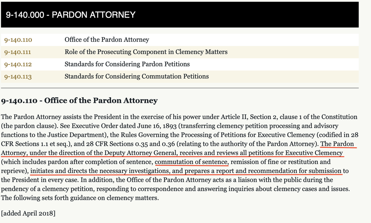 The Pardon Attorney would work with Deputy Attorney General Jeffrey Rosen (former Kirkland & Ellis partner, a colleague of Bill Barr's) on a Petition for Executive Clemency.Um...when was one filed? (Unless there's some other process?) 