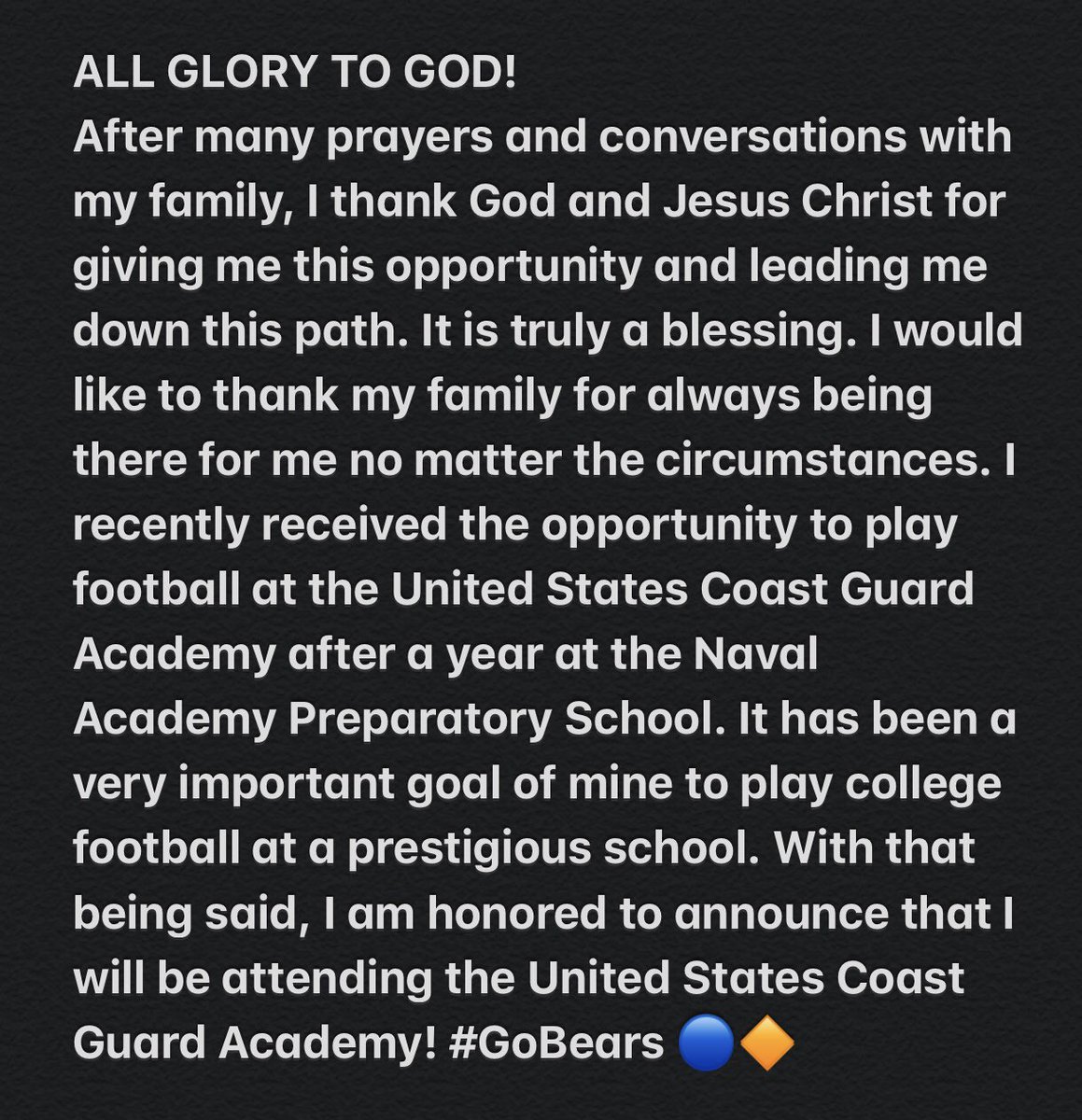 tdorris_44's tweet photo. Excited to announce that I will be attending the United States Coast Guard Academy! 
@CGA_Football https://t.co/PEjQcjCCXV