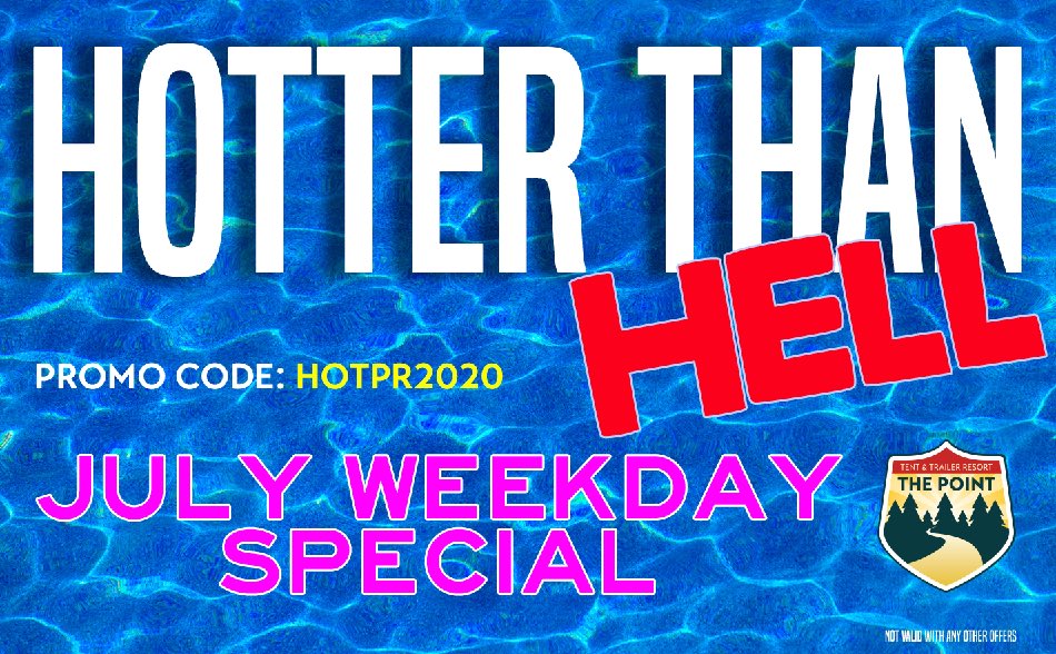 point_canada's tweet photo. HOTTER THAN HELL 
July Weekday Special
 
The new pool is cool and the weekends are almost entirely booked until September, so weekdays are the way to go! With smaller capacity limits and social distancing, a weekday
booking makes soaking in the pool all that easier. https://t.co/qrdWFMkjP6