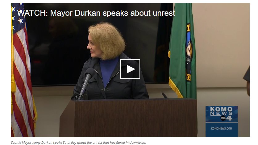 6:18 PM: Seattle Mayor Jenny Durkan is speaking live to reporters, She said she has issued an emergency order that imposes a curfew that extends through Sunday night along with an order that prohibits possession of weapons. "These criminal acts will not be allowed to continue" 1/