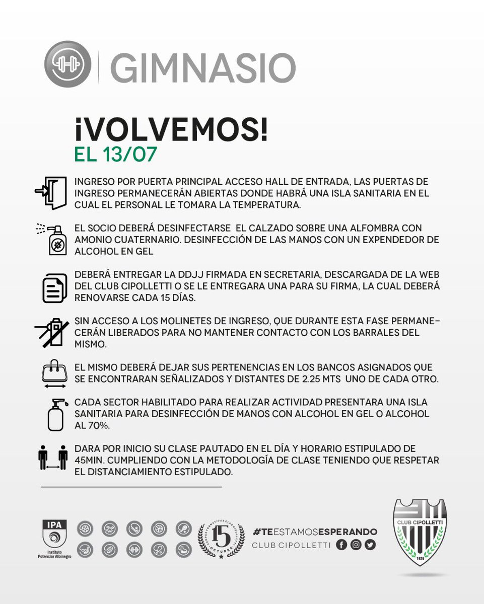 ClubCipolletti's tweet photo. Volvemos al Club!

Con medidas obligatorias de sanidad, te esperamos desde el 13 de Julio. 

Por favor lee el Protocolo Covid-19 obligatorio para realizar actividades en nuestro sitio web:

👉🏻 https://t.co/1S6vdm1zCA

Entre Todos nos cuidamos 👍🏻

#VolvemosAlClub
⚫️⚪️⚫️ https://t.co/0SH9CSaUXk