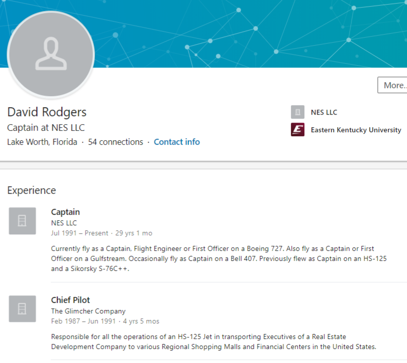 Herb Glimcher is definitely the Ohio real estate developer though, as the other pilot David Rodgers worked for his company Glimcher company from 87-91. Seems likely that Rodgers and Visoski both worked for him at the same time and simultaneously left to work for Epstein in 1991.