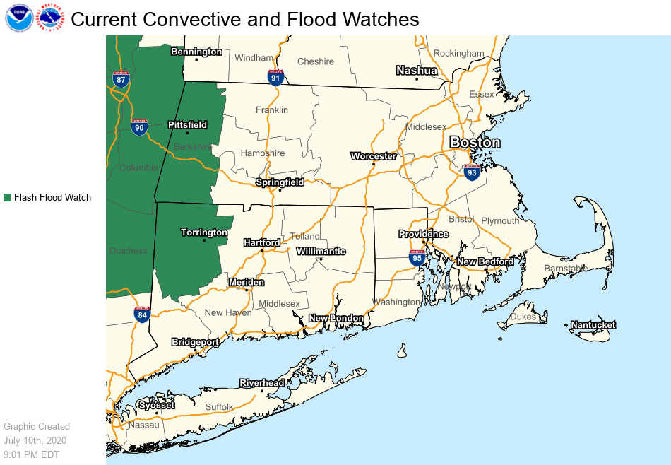 [930PM] Flash Flood Watches have been cancelled in all of S New England except Berkshire county in #MA &amp; Litchfield county in #CT. Latest high-res models show scattered showers with brief heavy rainfall from #TropicalStormFay remnant but widespread flash flooding is not expected.