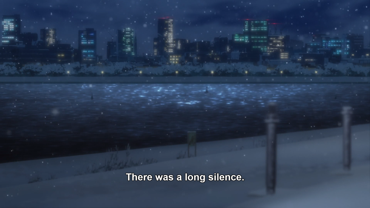 Here's number two, and the sixth line of the show. The first one is fine, the second one is "長い話になりそうだからと誰かが言った" which means literally "Someone said 'This seems like it will be a long conversation, so...(we should find a place to sit down)'"