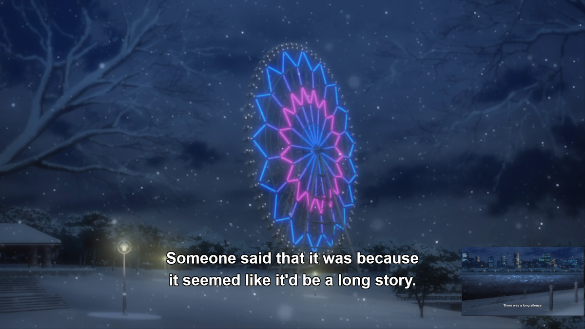 Here's number two, and the sixth line of the show. The first one is fine, the second one is "長い話になりそうだからと誰かが言った" which means literally "Someone said 'This seems like it will be a long conversation, so...(we should find a place to sit down)'"