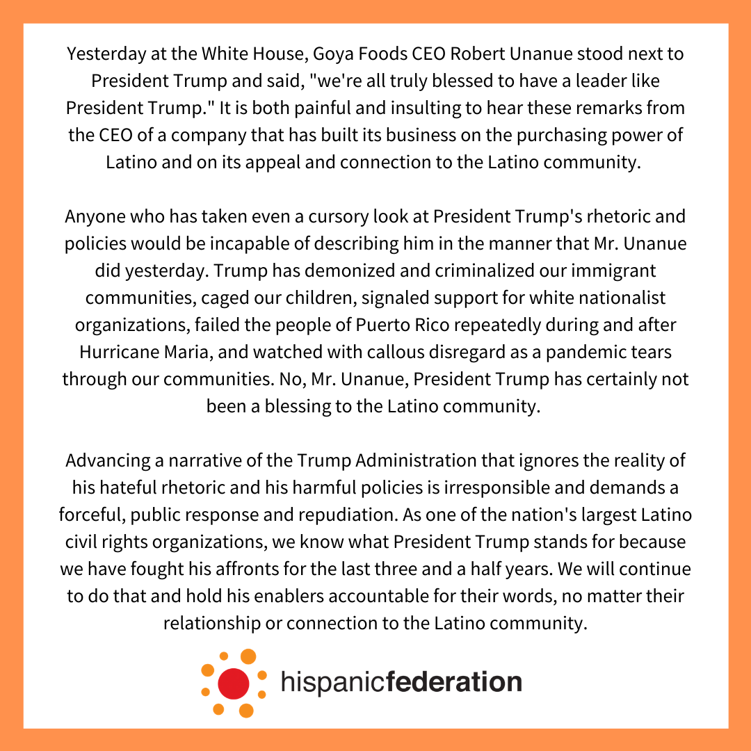 HispanicFed's tweet photo. Hispanic Federation's Statement on Goya CEO's Remarks. https://t.co/H4MhfpCuU7