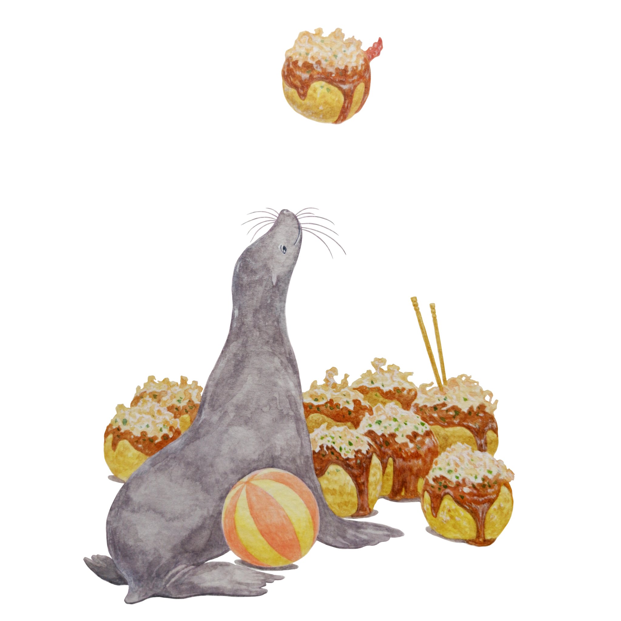 Hirotoshi Kanou たこ焼きキャッチ アシカショー始まるよー ボールキャッチは任せて でも ボールよりこっちがいいかも 食べ物イラスト 動物イラスト アシカショー たこ焼き Animalillustrate Foodillustration Takoyaki イラスト好き
