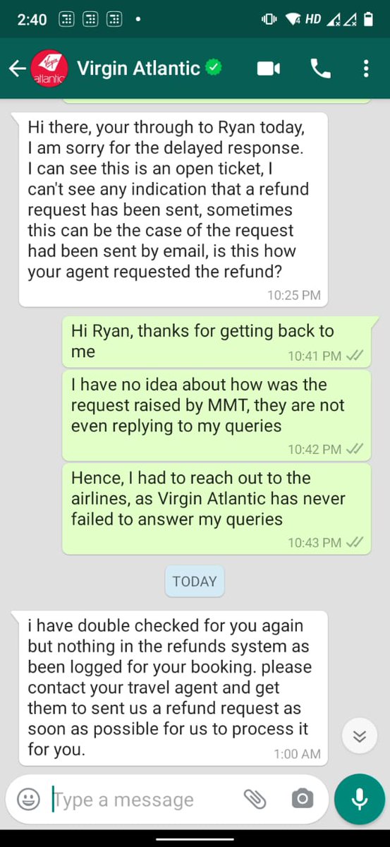 shrutideolekar's tweet photo. What are your thoughts on this @makemytripcare ? @VirginAtlantic has been swift with their replies but @makemytripcare doesn't care to reply even once.. I had a talk with the airlines executive and this is what he said https://t.co/zS3dGaXnmU