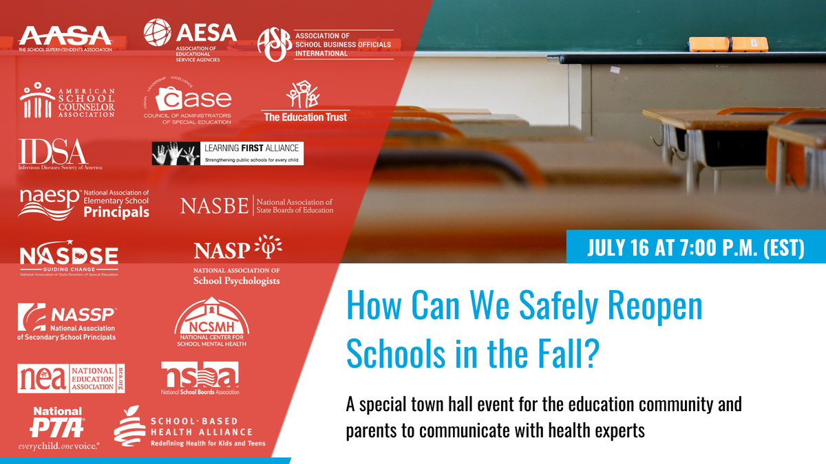 #Educators #Parents: How Can We Safely Reopen #Schools in the Fall? Please join us for a very important #TownHall on 7/16 at 7 PM EST where we'll discuss #COVID19 &amp; reopening K-12 schools. Register: buff.ly/2W6vkRM <a href="/NASSP/">National Assoc. of Secondary School Principals</a> <a href="/NEAToday/">NEA</a> <a href="/NationalPTA/">NationalPTA</a> <a href="/AASAHQ/">AASA</a>
<a href="/NAESP/">National Assoc. of Elementary School Principals</a> <a href="/ASCAtweets/">ASCA</a>