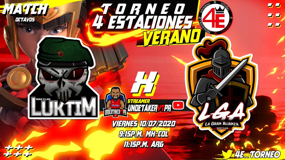 Chicos no se pierdan esta emocionante Batalla⚔️ entre los clanes LukTim y La Gran Alianza en busqueda por avanzar a semifinales del torneo 4 Estaciones

Sera transmitida por el canal de @UNDERTAKER4US en punto de las 9:15pm🇲🇽