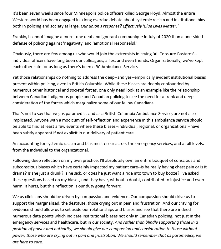 EphemeralECG's tweet photo. I'm extraordinarily disappointed in the recent one-sided @APBC873 communique calling recent "negativity" around institutional bias in Canadian policing an "emotional response" not based on fact.

I've attached my response as an open letter. #SilenceIsViolence ♥️ 🚑 https://t.co/hyevsLPvG6