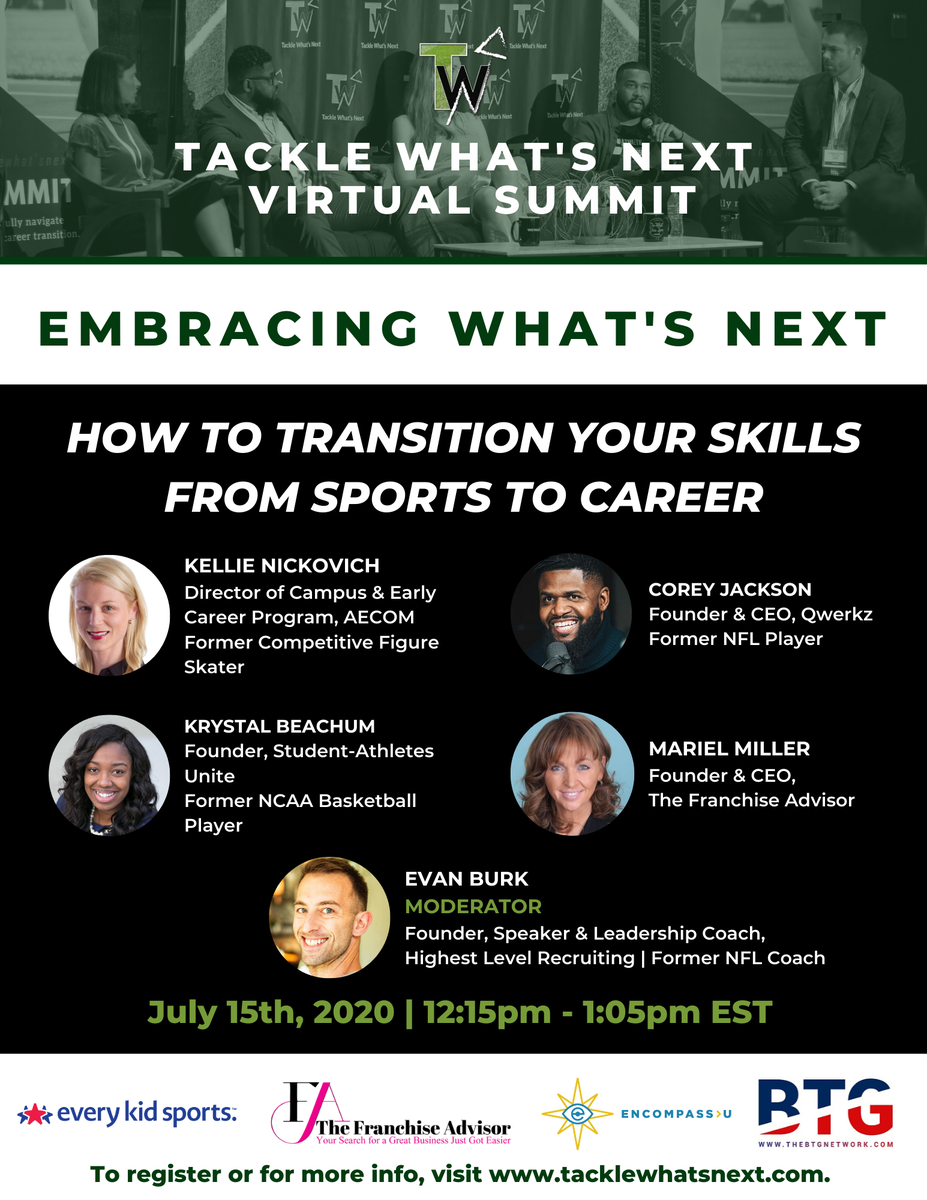 tacklewhatsnext's tweet photo. We have 5 amazing industry professionals speaking on how to transition your skills from sports to your career. Tune in to our virtual summit on 7/15 to hear from @CoachEvanBurk, Kellie Nickovich, @CoreyA_Jackson, @KrystalBeachum, and Mariel Miller!
https://t.co/oIPfGV7nK2 https://t.co/zCzOuW0bSr