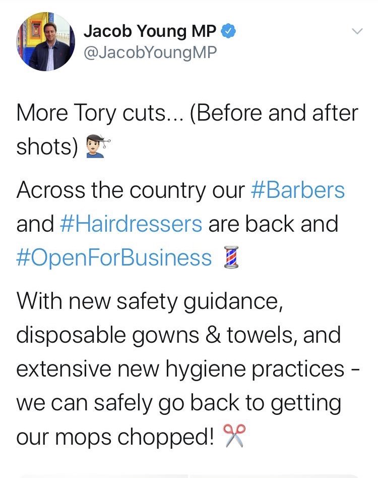 It’s turning out to be an entertaining week for Redcar MP Jacob Young. It started last Saturday he had his first bought haircut in 3 months. He was so pleased he tweeted out before and after pictures, and added a joke – “more Tory cuts”. And then the song and dance began.