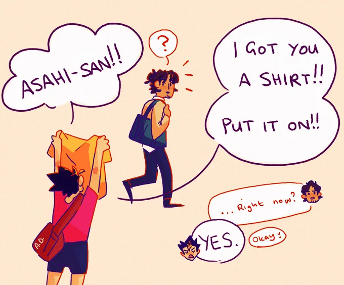 also, small addition to t-shirt content:

(Asahi's says "I don't run away" :)) 