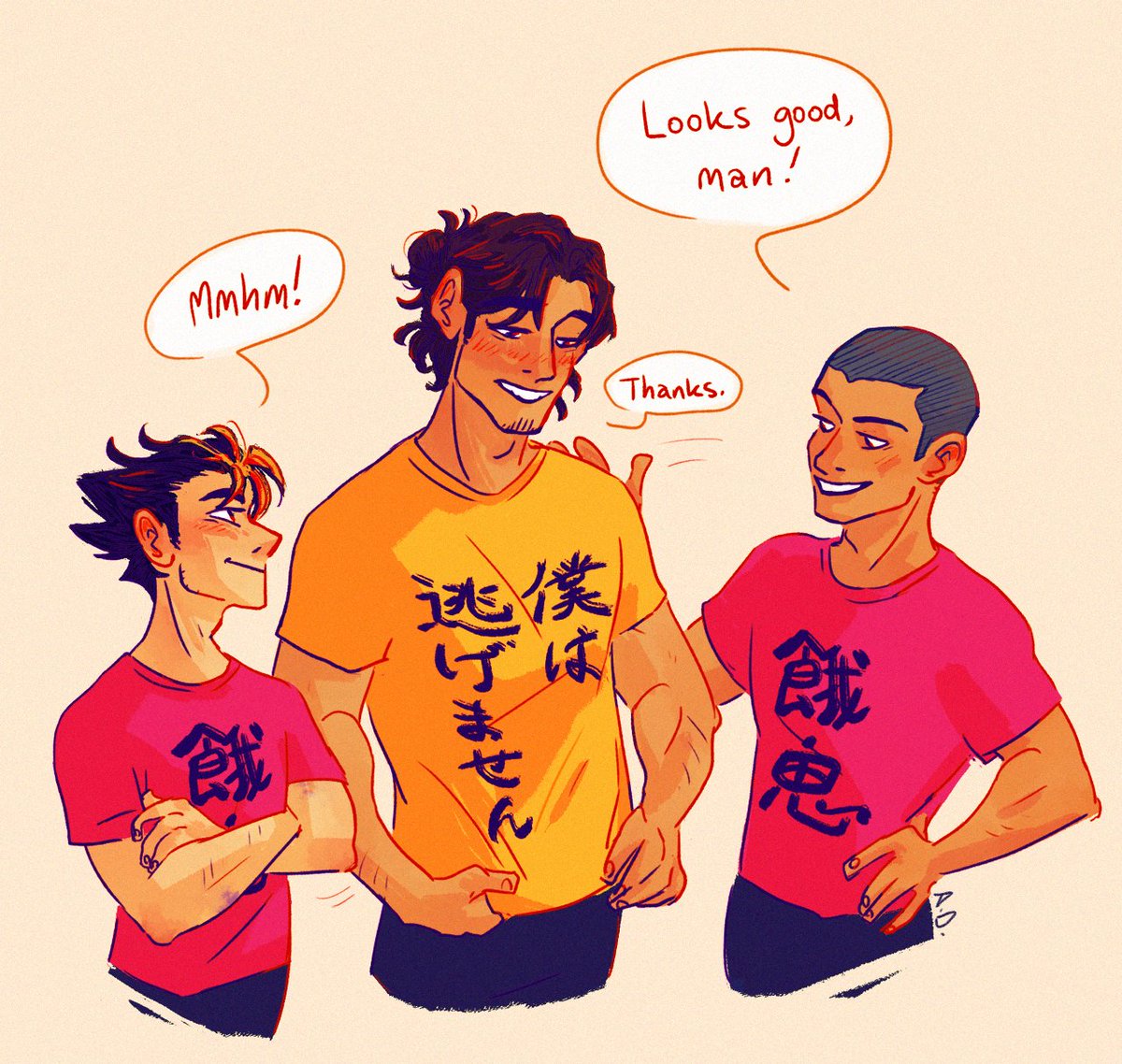 also, small addition to t-shirt content:

(Asahi's says "I don't run away" :)) 