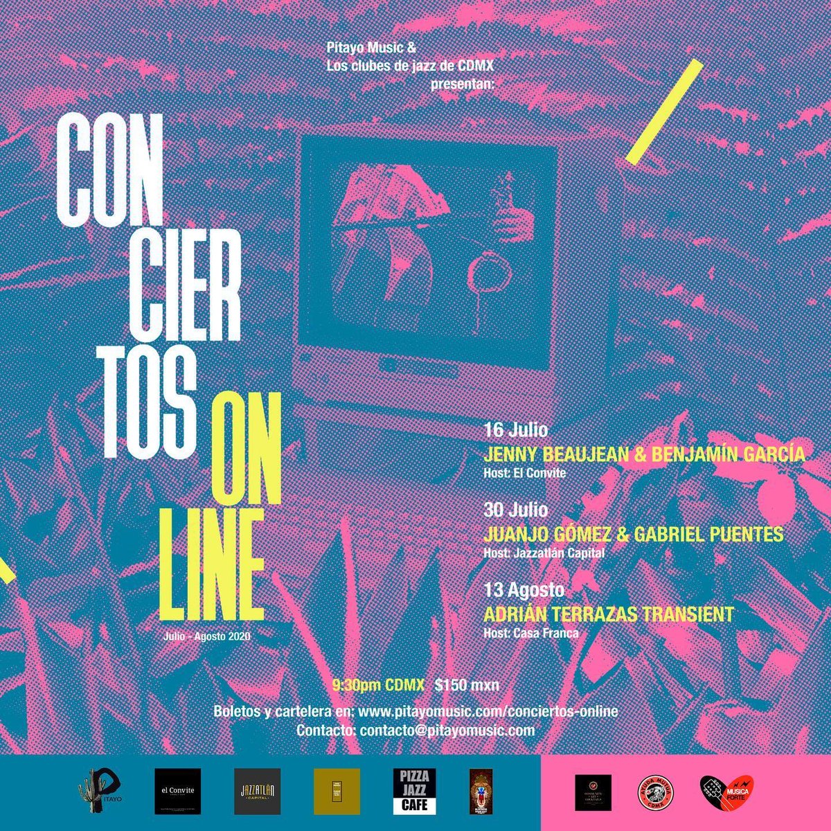 CentralAlgazara's tweet photo. ⚡️@PitayoMusic+los clubes de #jazz de la CDMX presentan 3 shows en línea:

16.07: @JenBeaujean+@bengarciabass
30.07: @juanjogomezgtr+@gabopuentesjazz
13.08: #TransienT

Apoyemos, compremos y hagamos #sinergia con músicos y foros para regresar con todo⚡️🙌🎟️https://t.co/uflwqNe1nG https://t.co/olSLdCT1Bd