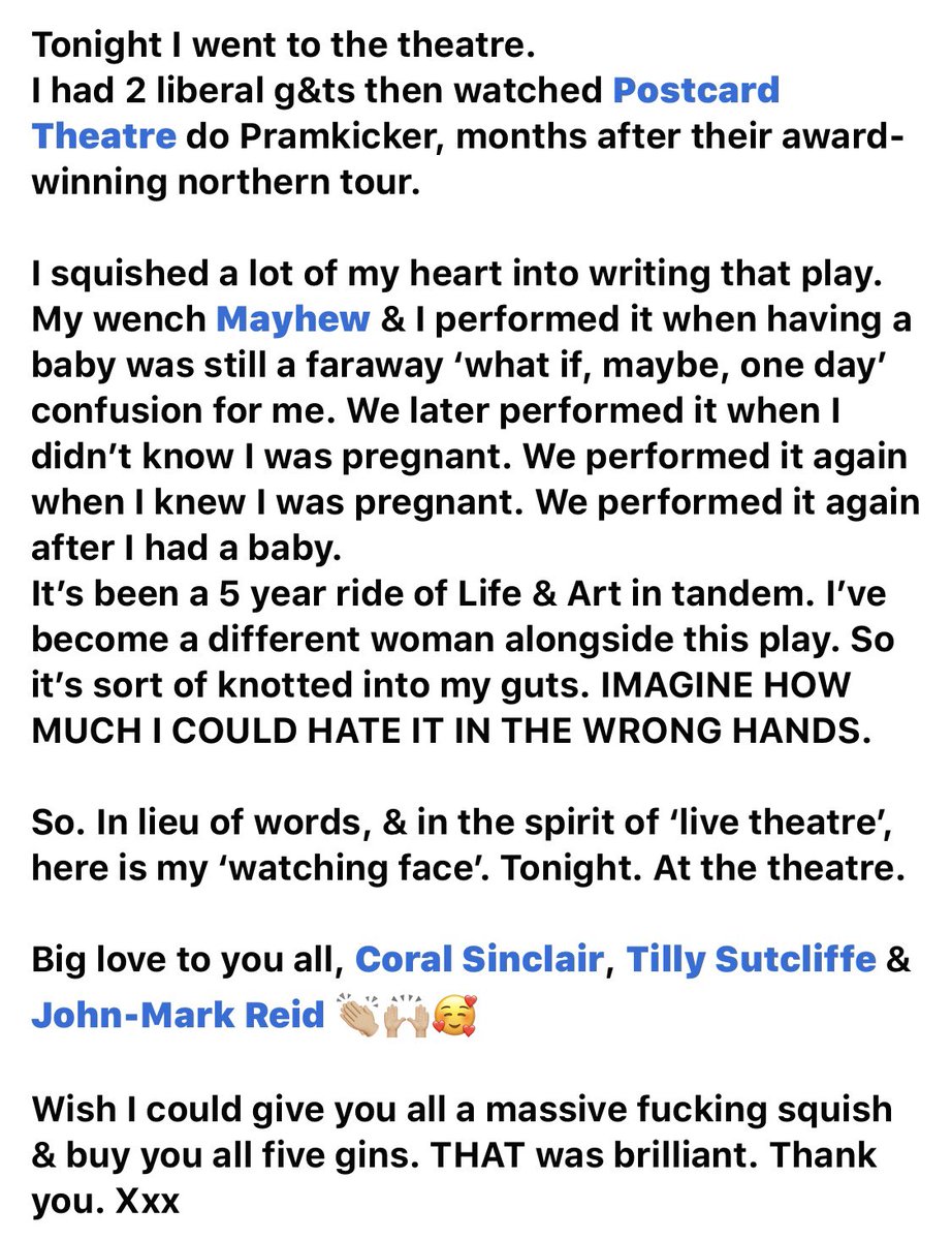 sadiehasler's tweet photo. Tonight I went to the theatre... ❤️

Thank you &amp; big love to
@postcardtheatre 
@coralfsinclair 
@TillySutcliffe 
for making my play brilliant

#lovetheatre #theatre #supportthearts #pramkicker https://t.co/ssJ0eCbmUj