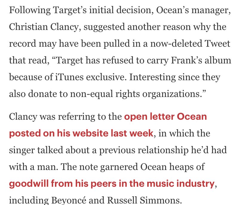 Target refused to sell Channel Orange nationwide. It’s alleged that since they donate to non-equal rights organizations that they chose not to support the album’s rollout, which hindered its first week sales as Frank chose to release it exclusively through iTunes instead.