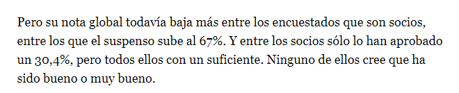 Satisfaction de la direction actuelle (Très bien + Bien / Suffisant / Mauvais + Très mauvais) : Général : 9.2 / 37.2 / 41.9Socios : Cf image, difficile de comprendre l'Espagnol pour le coup.