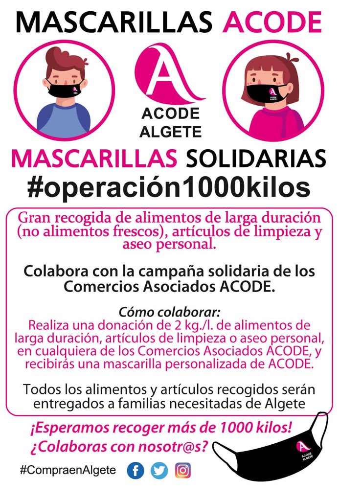 AlgeteACODE's tweet photo. ￼Operación 1000 kilos
.
¿Quieres participar?
Entrega 2 kg de alimentos de larga duración y te regalamos a cambio una mascarilla solidaria Acode.
Todo lo recaudado se repartirá entre las familias necesitadas de Algete. 
 #Reto1000kilos 
#SiempreConQuienNosNecesita #Cuidandodeti https://t.co/znhkb2THiW