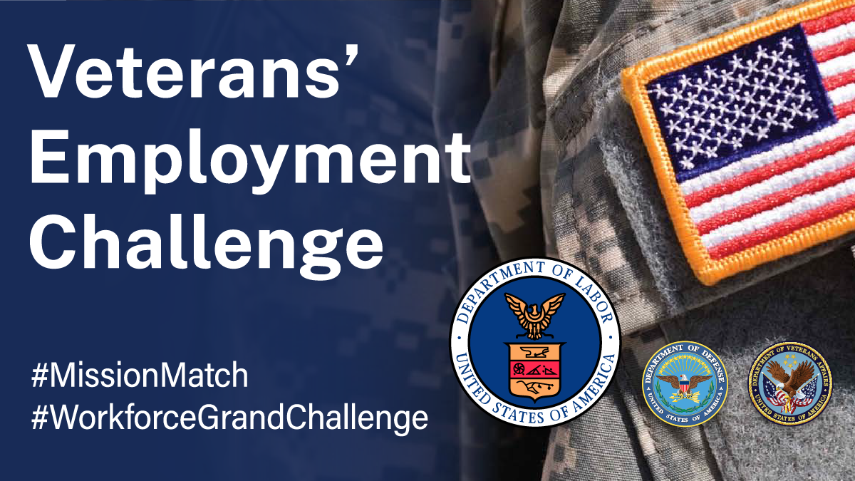 USDOL's tweet photo. As part of the Veterans’ Employment Challenge, @USDOL has chosen https://t.co/cQjnjhN76C to pilot its website application designed to better match transitioning service members’ skills with employers’ needs: https://t.co/TiWxYknXNH #MissionMatch #WorkforceGrandChallenge https://t.co/hT3fNncWgf