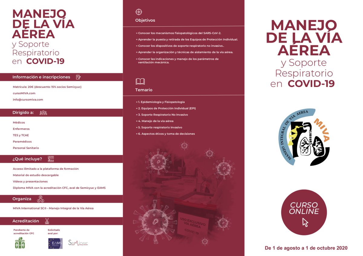 curso_miva's tweet photo. 1ª curso online "MANEJO DE LA VÍA AÉREA Y SOPORTE RESPIRATORIO EN COVID-19" https://t.co/Nz5CXQYHkf