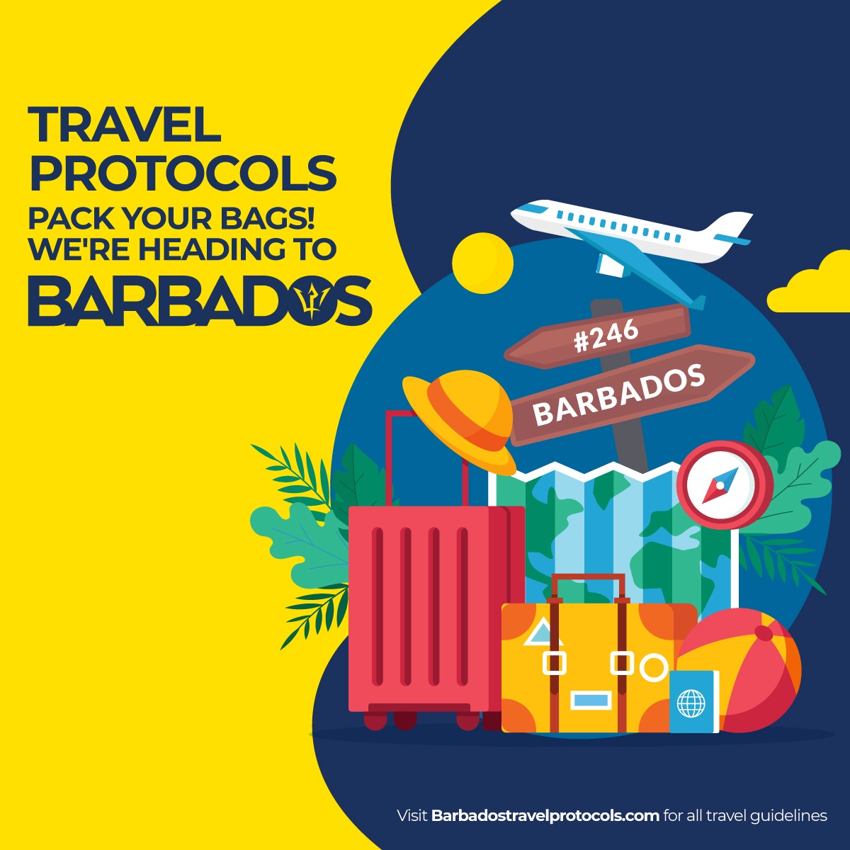 Barbados's tweet photo. Pack your bags, it's time to head to Barbados 🇧🇧 We're getting ready to say "welcome!" as our island re-opens on July 12, 2020!

To provide a safe entry, the Government of Barbados has introduced travel guidelines to protect our people and visitors to the island. #LoveBarbados https://t.co/9tCTuVBQrS
