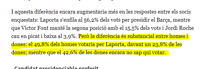 Parmi les genre, les hommes voterait à 49.8% pour Laporta contre seulement 23.8% des femmes sondés parmi les Socios. Tandis que 42.6% des femmes ne savent pas encore pour qui elles vont voter.