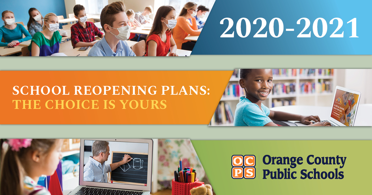 OCPSnews's tweet photo. OCPS parents, as the School Board considers plans for reopening schools, please review the 3 options for your child at https://t.co/mVdn1MHyXp: face-to-face, @OCVS_Orlando or an innovative model that requires state approval once the school board votes next Tuesday.
1/2 https://t.co/l9lc0WPJAH